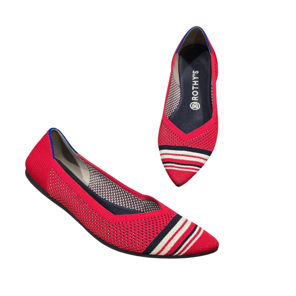 Women's Rothy's Red Navy Blue Knit Pointed Toe Slip On Flats | Size 10